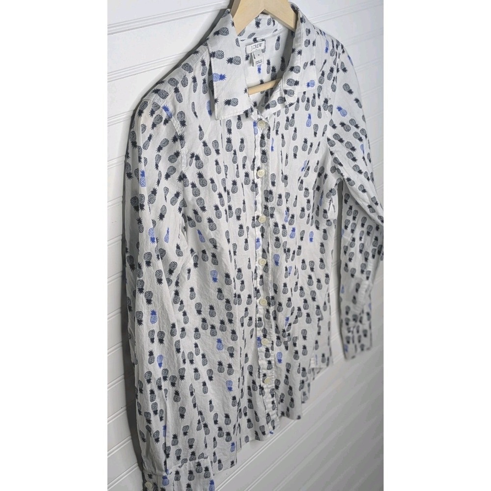 J Crew Women's Button Up Blouse Medium White Pineapples Long Sleeve 100% Cotton